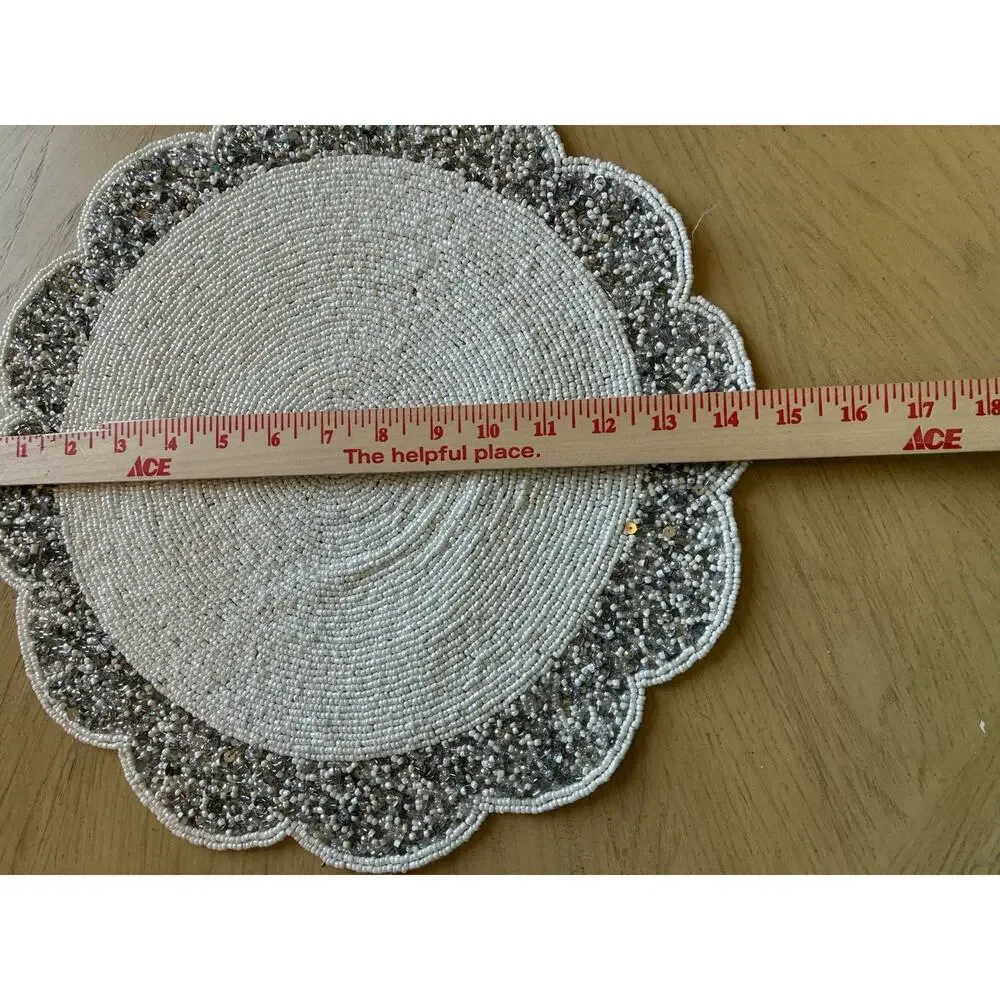 Tahari Heavily Beaded Round Placemat Silver Glass White Sequins Wedding Holiday